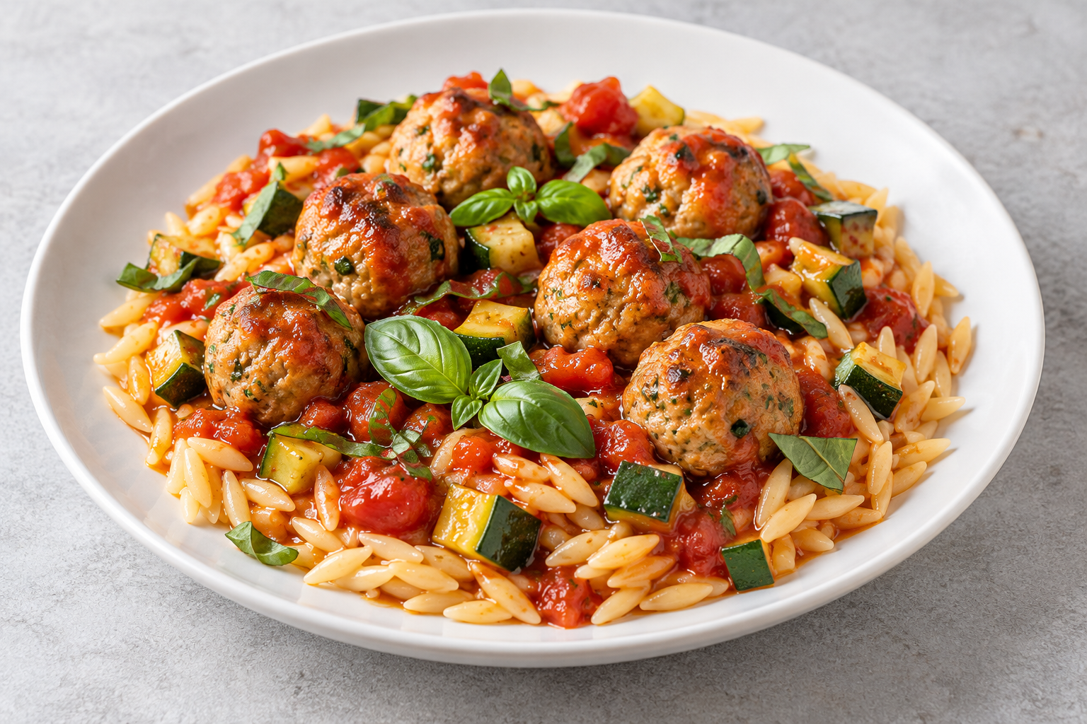 Putenhackbällchen in Tomaten-Zucchini-Sauce mit reisförmigen Orzo-Nudeln und Basilikum
