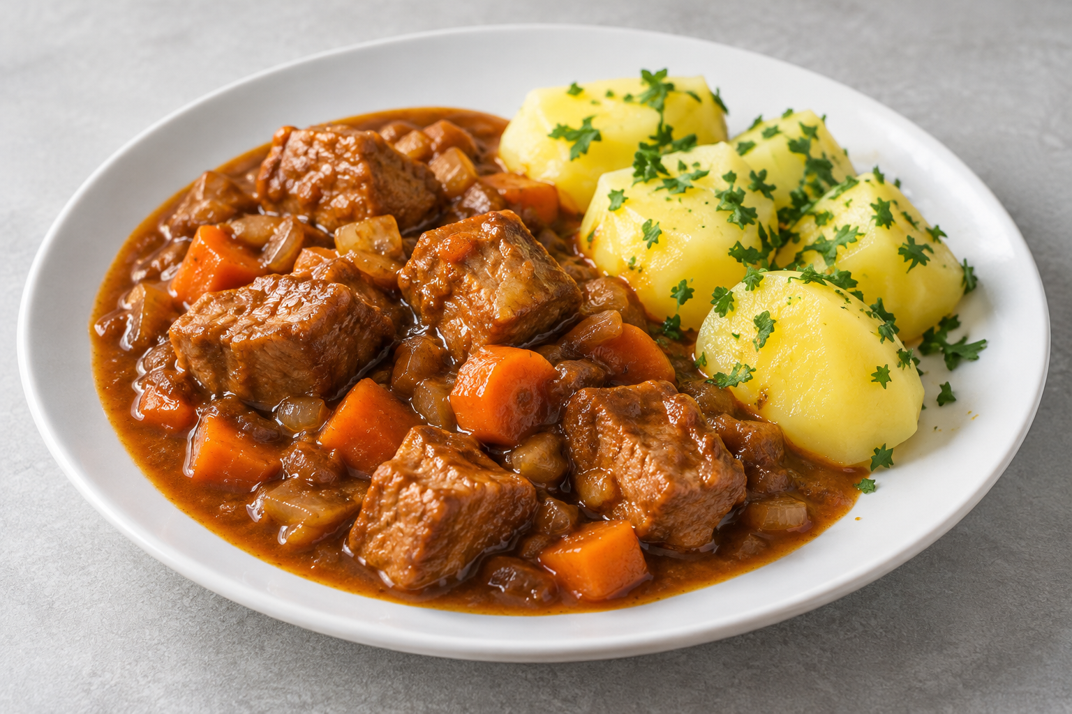 Geschmortes Schweinegulasch mit Möhren in Zwiebelsauce und Petersilienkartoffeln