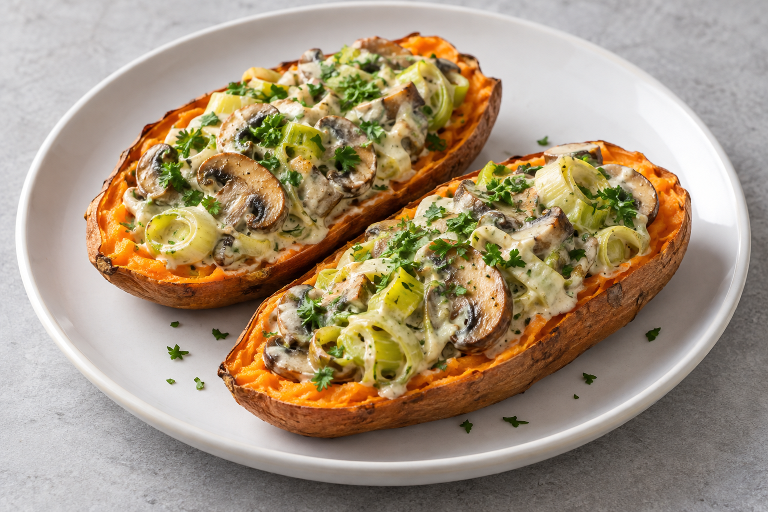 Gebackene Süßkartoffelhälften mit Champignons und Lauch in Frischkäsecreme