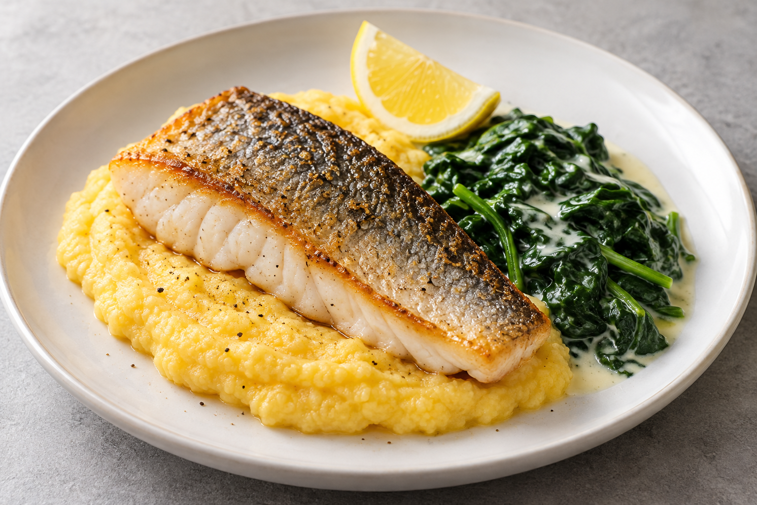 Zanderfilet mit knuspriger Haut auf Polenta neben Rahmspinat und einer Zitronenspalte